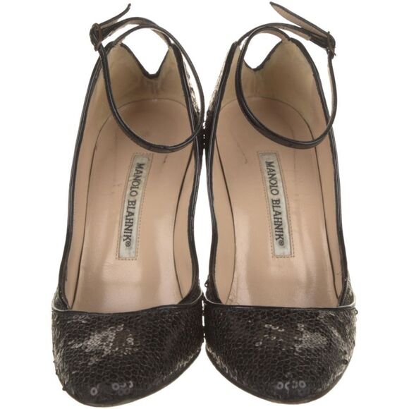 MANOLO BLAHNIK Black Sequins Ankle Wrap Heels 37 - Picture 3 of 7